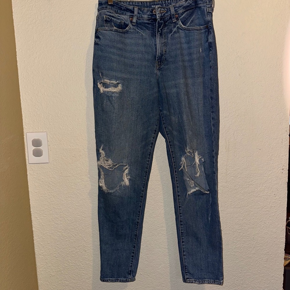 Old Navy Women 12 Tall Curvy OG Straight Jeans High Rise Distressed Casual Denim